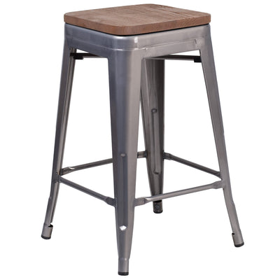24" High Backless Metal Counter Height Stool with Square Wood Seat - View 1