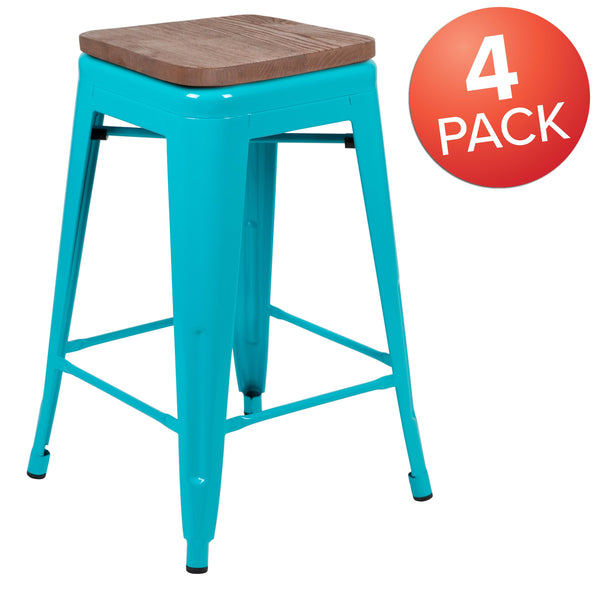 Teal |#| 4 Pack 24inch High Metal Indoor Counter Bar Stool - Stackable Stool, Teal