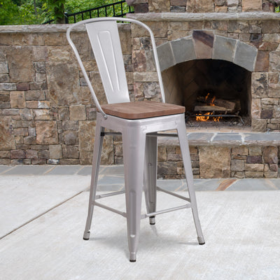24" High Metal Counter Height Stool with Back and Wood Seat - View 2