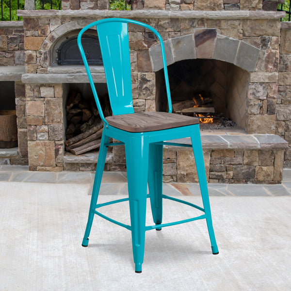 Crystal Teal-Blue |#| 24inch High Crystal Teal-Blue Metal Counter Height Stool with Back and Wood Seat