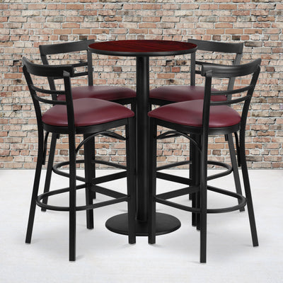 24'' Round Laminate Table Set with Round Base and 4 Two-Slat Ladder Back Metal Barstools - View 2