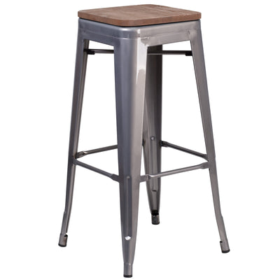 30" High Backless Metal Barstool with Square Wood Seat - View 1