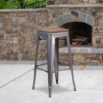 30" High Backless Metal Barstool with Square Wood Seat - View 2