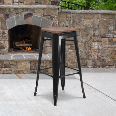 30" High Backless Metal Barstool with Square Wood Seat - View 2