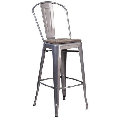 30" High Barstool with Back and Wood Seat - View 1