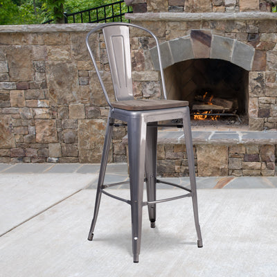 30" High Barstool with Back and Wood Seat - View 2