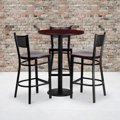 30'' Round Laminate Table Set with 3 Grid Back Metal Barstools - View 2