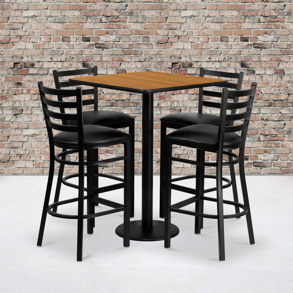 Natural Top/Black Vinyl Seat |#| 30inch Square Natural Laminate Table Set with 4 Metal Barstools - Black Vinyl Seat