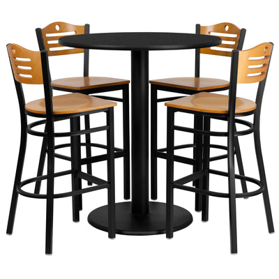 36'' Round Laminate Table Set with 4 Wood Slat Back Metal Barstools - View 1