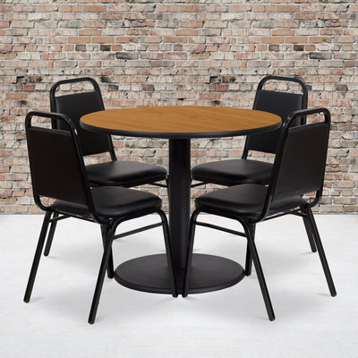 36'' Round Laminate Table Set with Round Base and 4 Trapezoidal Back Banquet Chairs - View 2
