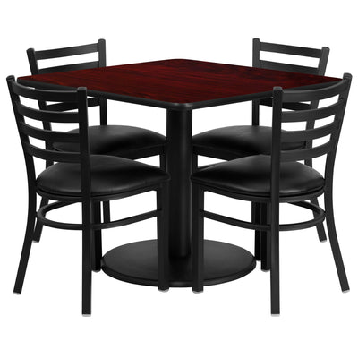 36'' Square Laminate Table Set with Round Base and 4 Ladder Back Metal Chairs - View 1