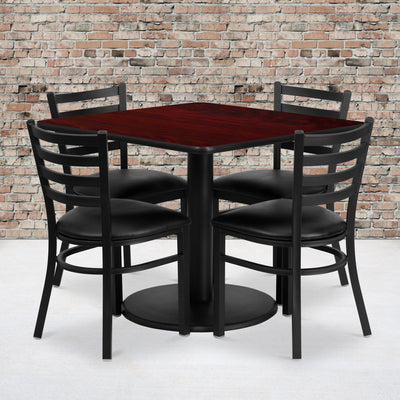 36'' Square Laminate Table Set with Round Base and 4 Ladder Back Metal Chairs - View 2