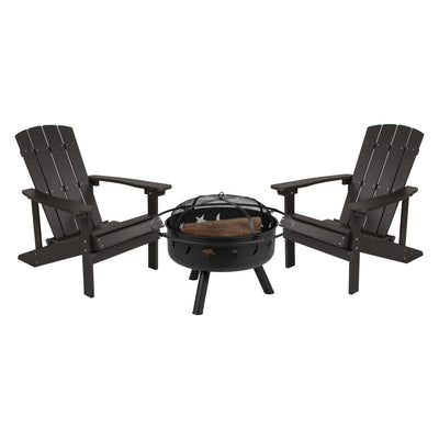 3 Piece Charlestown Poly Resin Wood Adirondack Chair Set with Fire Pit - Star and Moon Fire Pit with Mesh Cover - View 1