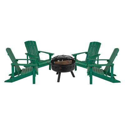 5 Piece Charlestown Poly Resin Wood Adirondack Chair Set with Fire Pit - Star and Moon Fire Pit with Mesh Cover