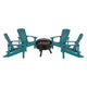 Sea Foam |#| Star and Moon Fire Pit with Mesh Cover & 4 Sea Foam Poly Resin Adirondack Chairs