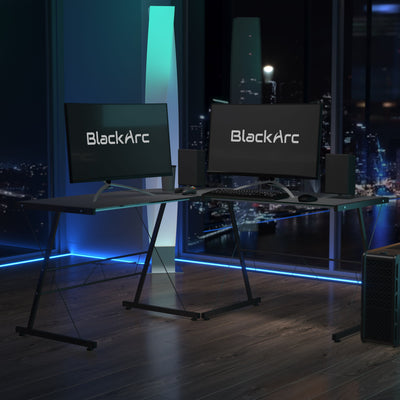 BlackArc ArcTec Ice L-Shaped Gaming Desk with Tempered Glass Top and Powder Coated Steel Frame - View 2