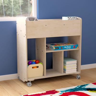 Bright Beginnings Commercial Grade Double Sided Space Saving Wooden Mobile Storage Cart with Locking Caster Wheels