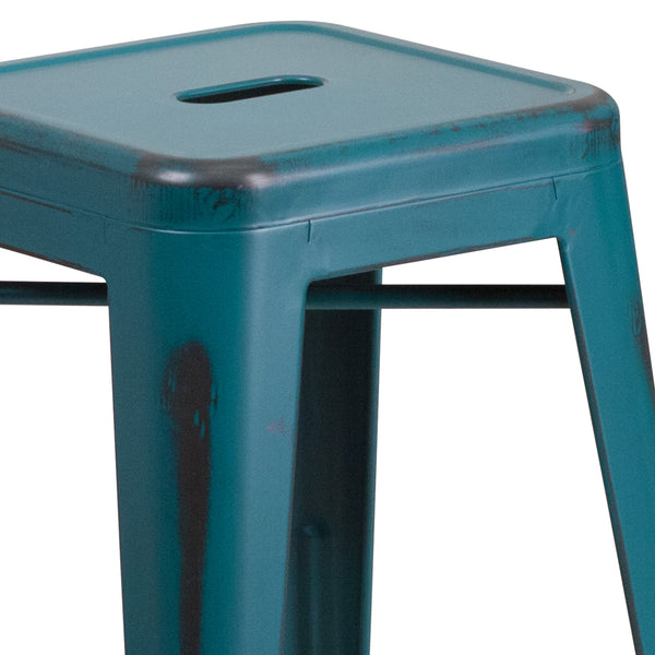 Kelly Blue-Teal |#| 24inchH Backless Aged Kelly Blue-Teal Metal Indoor-Outdoor Counter Height Stool