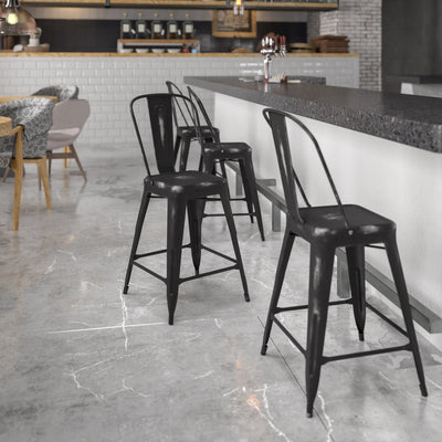 Commercial Grade 24" High Distressed Metal Indoor-Outdoor Counter Height Stool with Back - View 2
