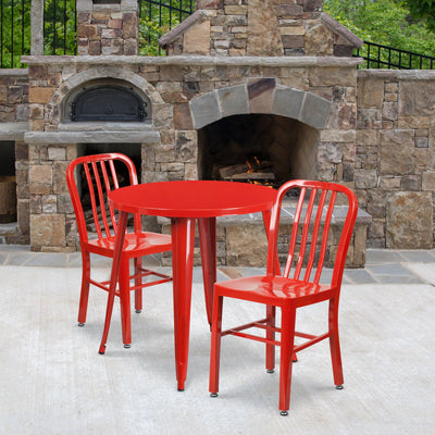 Commercial Grade 30" Round Metal Indoor-Outdoor Table Set with 2 Vertical Slat Back Chairs - View 2