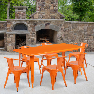 Commercial Grade 31.5" x 63" Rectangular Metal Indoor-Outdoor Table Set with 6 Arm Chairs - View 2