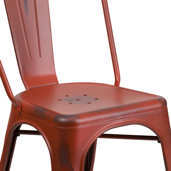Kelly Red |#| Distressed Kelly Red Metal Indoor-Outdoor Stackable Chair - Kitchen Furniture