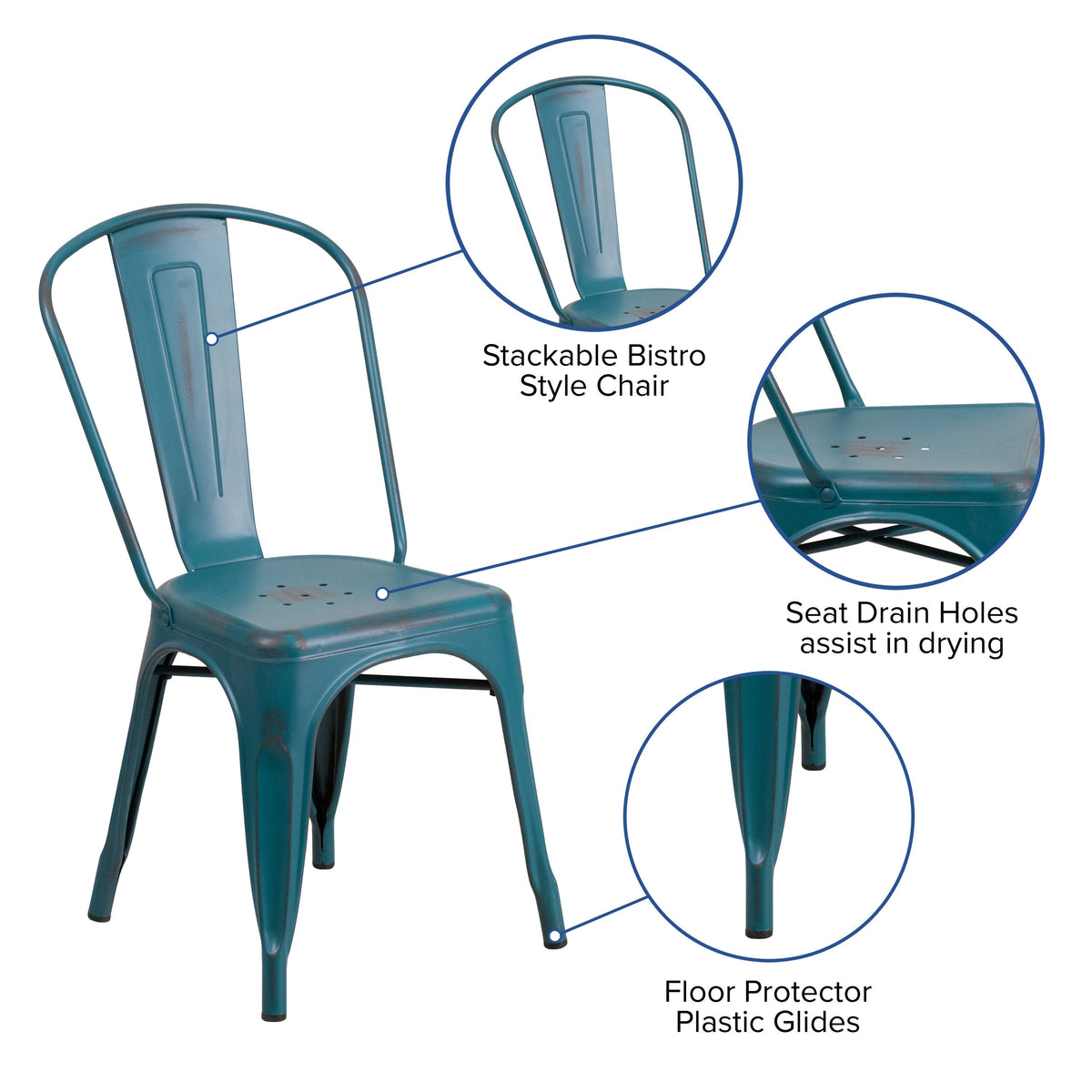 Kelly Blue-Teal |#| Distressed Blue-Teal Metal Indoor-Outdoor Stackable Chair - Kitchen Furniture