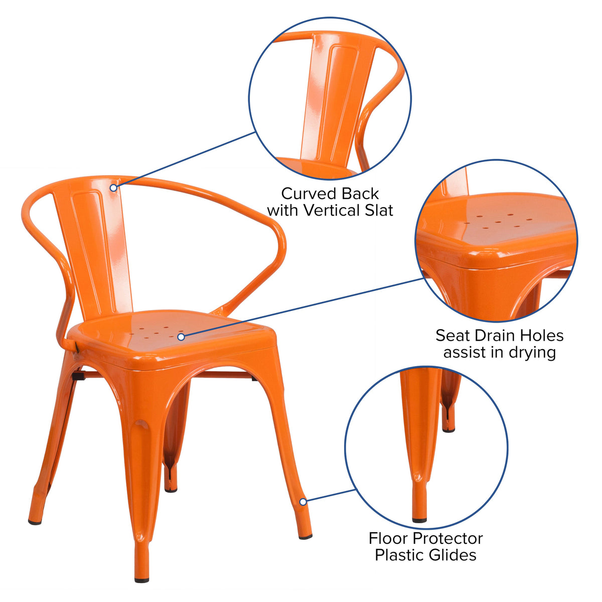 Orange |#| Orange Metal Indoor-Outdoor Chair with Arms - Restaurant Furniture