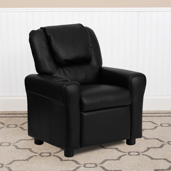 Black LeatherSoft |#| Contemporary Black LeatherSoft Kids Recliner with Cup Holder and Headrest