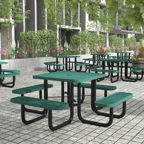 Green |#| Commercial Grade 46 Inch Square Expanded Mesh Metal Outdoor Picnic Table - Green