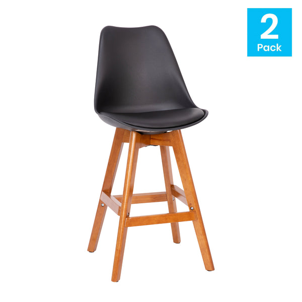 Black LeatherSoft/Walnut Frame |#| 2 Pack Commercial Wood Frame Plastic Barstools - LeatherSoft Seat-Black/Walnut