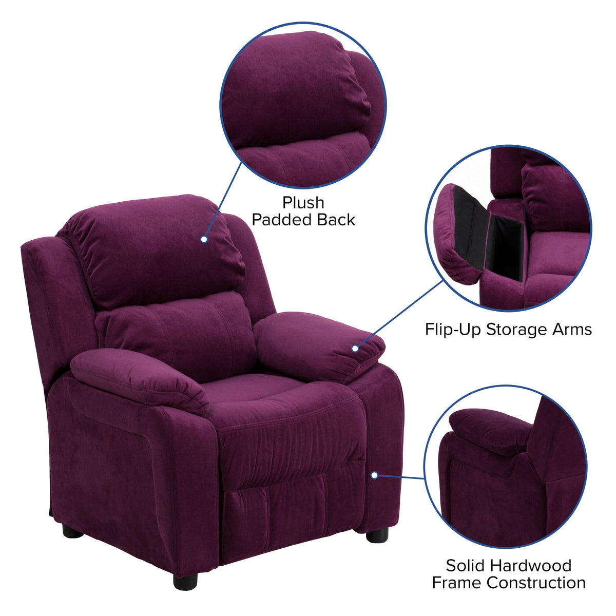 Purple Microfiber |#| Deluxe Padded Contemporary Purple Microfiber Kids Recliner with Storage Arms