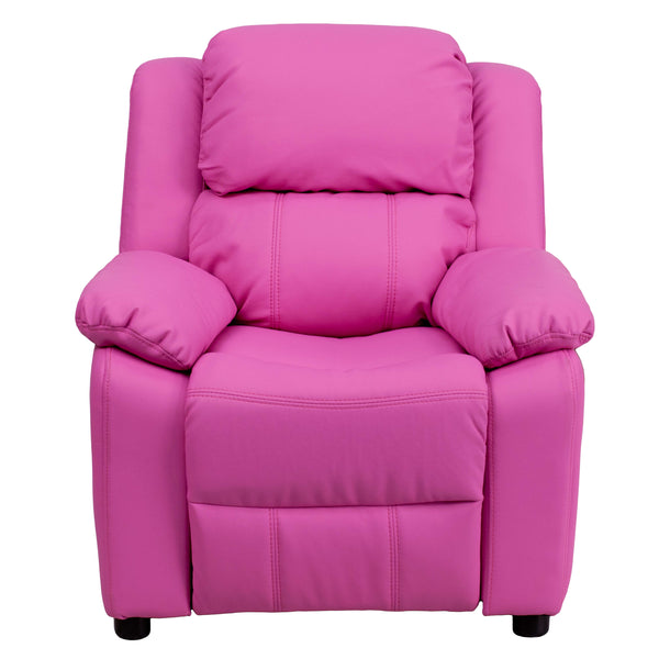 Hot Pink Vinyl |#| Deluxe Padded Contemporary Hot Pink Vinyl Kids Recliner with Storage Arms