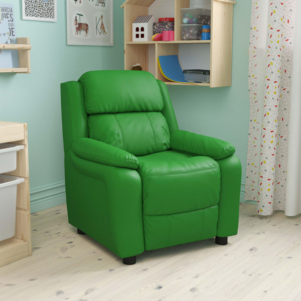 Green Vinyl |#| Deluxe Padded Contemporary Green Vinyl Kids Recliner with Storage Arms