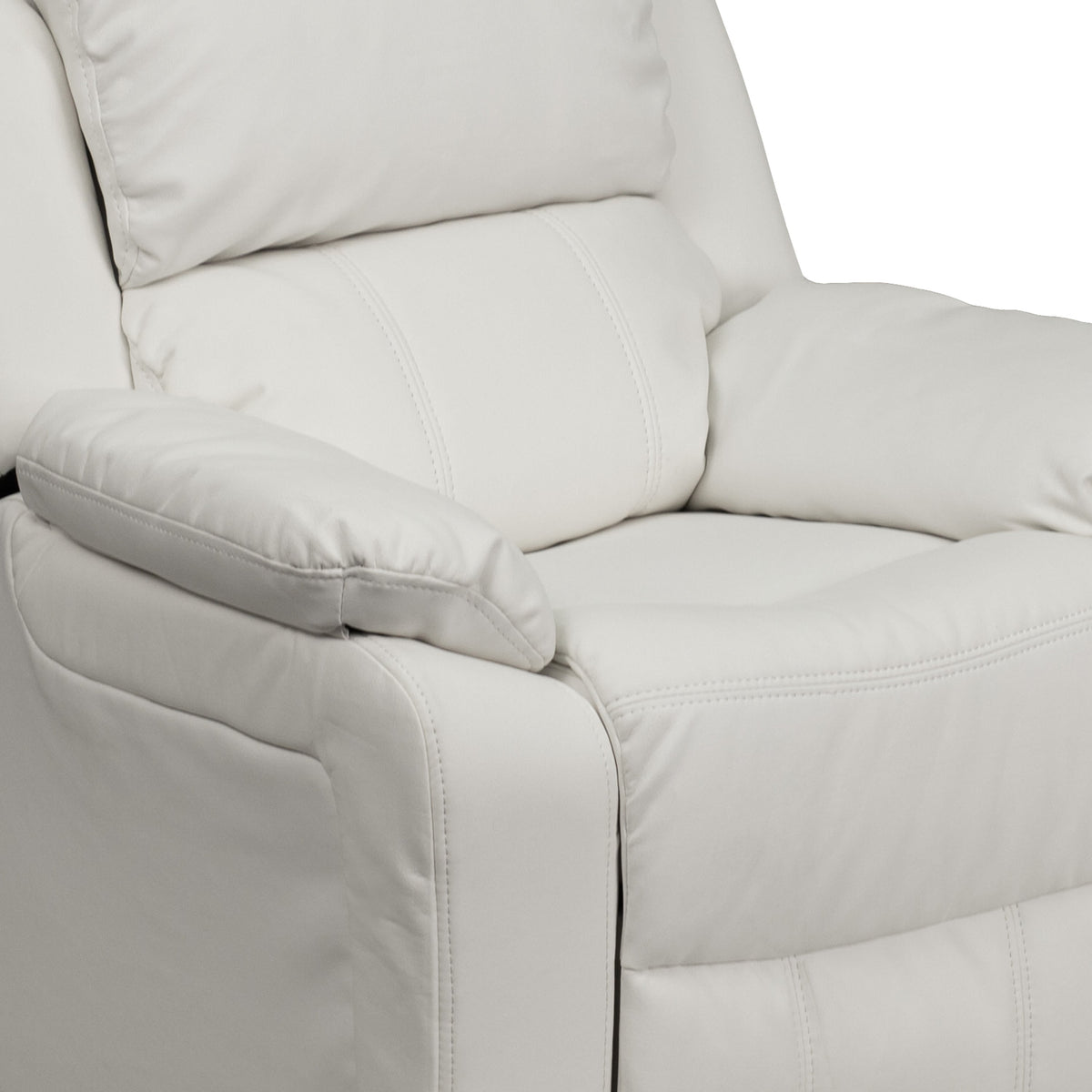 White Vinyl |#| Deluxe Padded Contemporary White Vinyl Kids Recliner with Storage Arms
