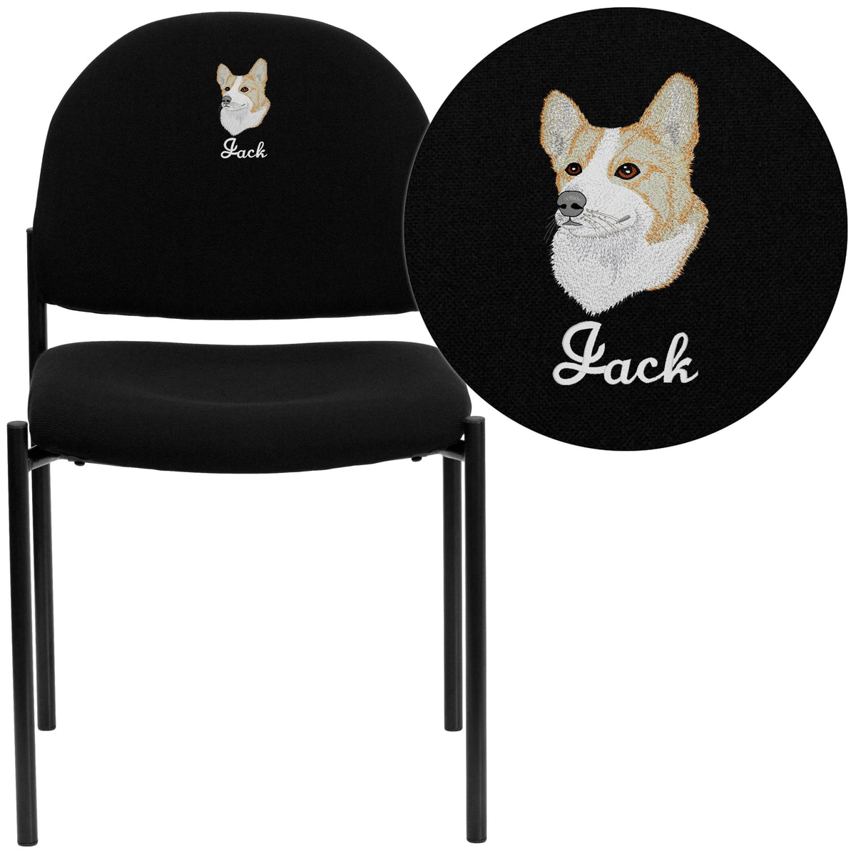 Black Fabric |#| Embroidered Comfort Black Fabric Stackable Steel Side Reception Chair - Office