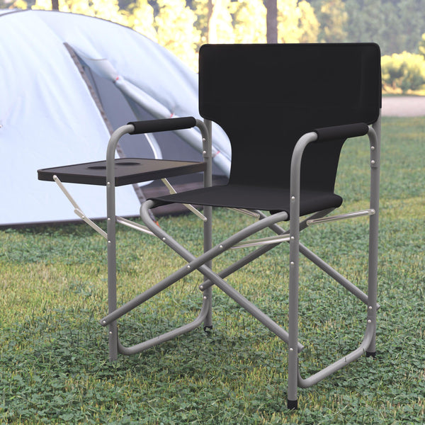 Black |#| Foldable Steel Tube Framed Directors Camping Chair-Cupholder Side Table - Black