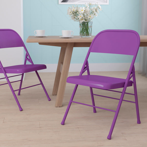 Impulsive Purple |#| Impulsive Purple Triple Braced & Double Hinged Metal Folding Chair - Vivid Color