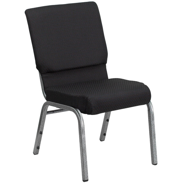 Black Patterned Fabric/Silver Vein Frame |#| 18.5inchW Stacking Church Chair in Black Patterned Fabric - Silver Vein Frame