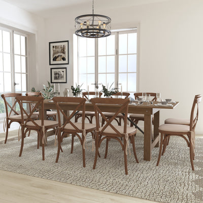 HERCULES Series 8' x 40'' Folding Farm Table Set with 10 Cross Back Chairs and Cushions