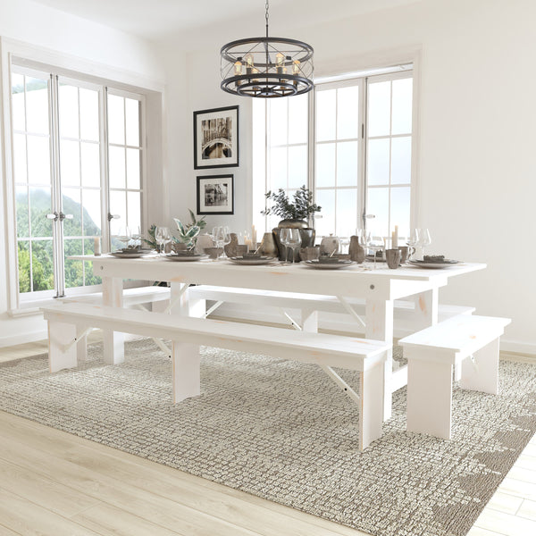 Antique Rustic White |#| 5 Piece Set-9' x 40inch Antique Rustic White Folding Farm Table and Four Bench Set