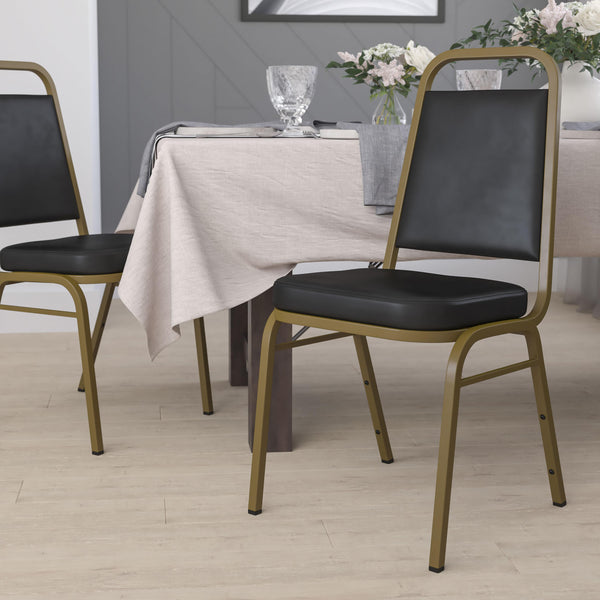 Black Vinyl/Gold Frame |#| Trapezoidal Back Stacking Banquet Chair in Black Vinyl - Gold Frame