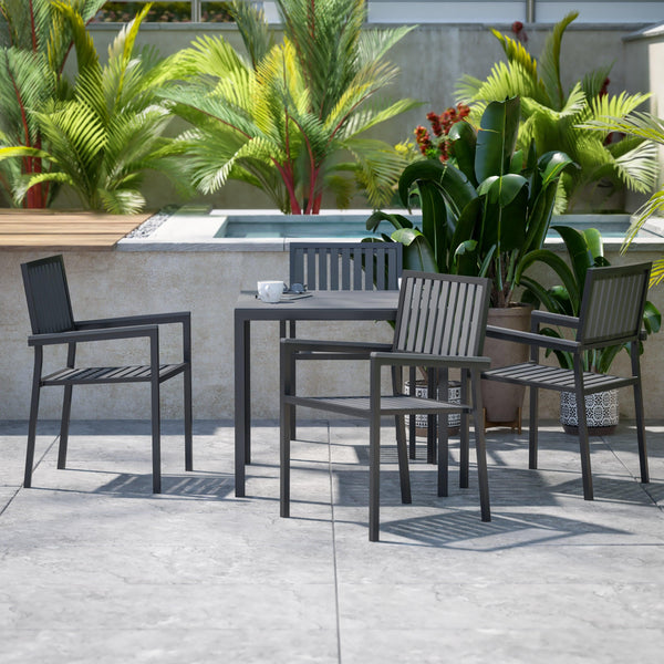 Black |#| All-Weather Resin Top Square Table & 4 Metal Chairs with Poly Resin Seats-Black