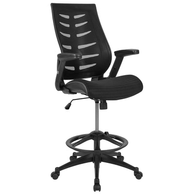 High Back Mesh Spine-Back Ergonomic Drafting Chair with Adjustable Foot Ring and Adjustable Flip-Up Arms - View 1