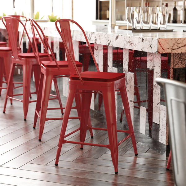 Red/Red |#| All-Weather Commercial Counter Stool with Removable Back/Poly Seat-Red/Red