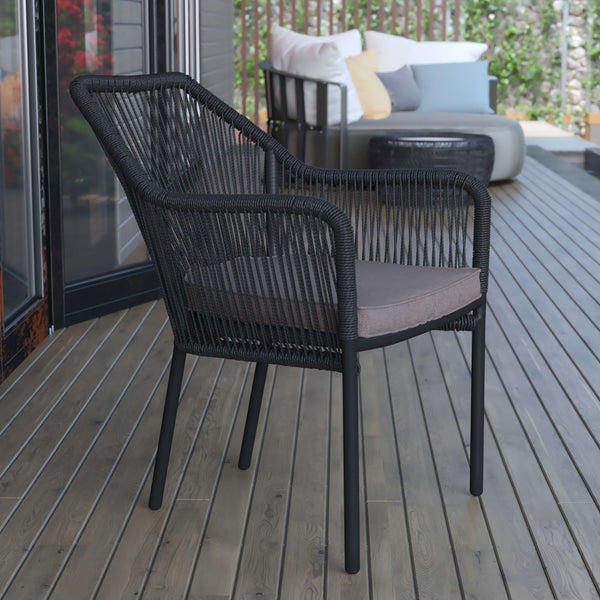 Black/Gray |#| Woven Indoor/Outdoor Stacking Club Chair in Black - Gray Cushions