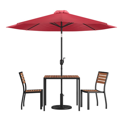 Lark 5 Piece All-Weather Deck or Patio Set with Stacking Faux Teak Chairs, Faux Teak Table & Umbrella with Base