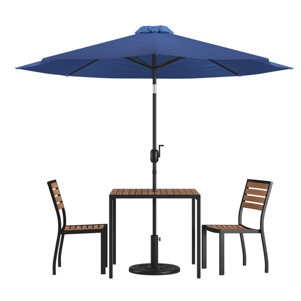 Navy |#| Faux Teak 35inch Square Patio Table, 2 Chairs & Navy 9FT Patio Umbrella with Base