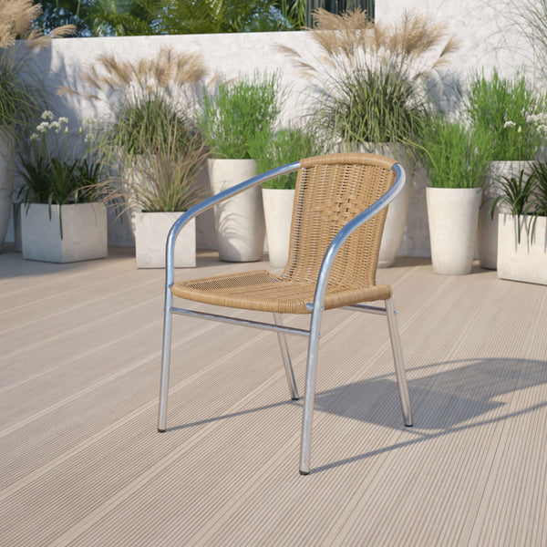 Aluminum and Beige |#| Commercial Aluminum and Beige Rattan Indoor-Outdoor Restaurant Stack Chair