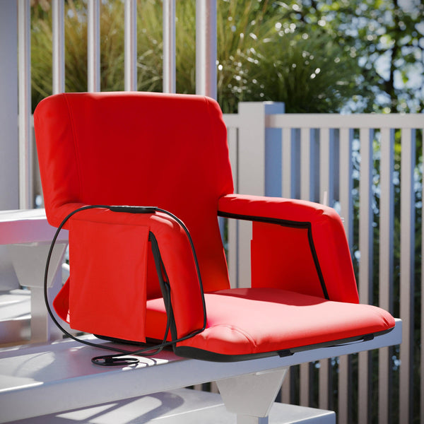 Red |#| Foldable Reclining Stadium Chair with Backpack Straps and Heated Seat - Red